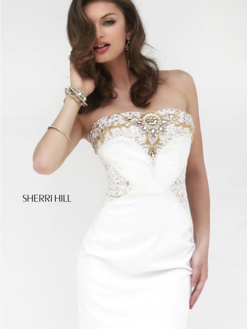 Sherri Hill White Strapless Lace Dress with Gold Embellishment